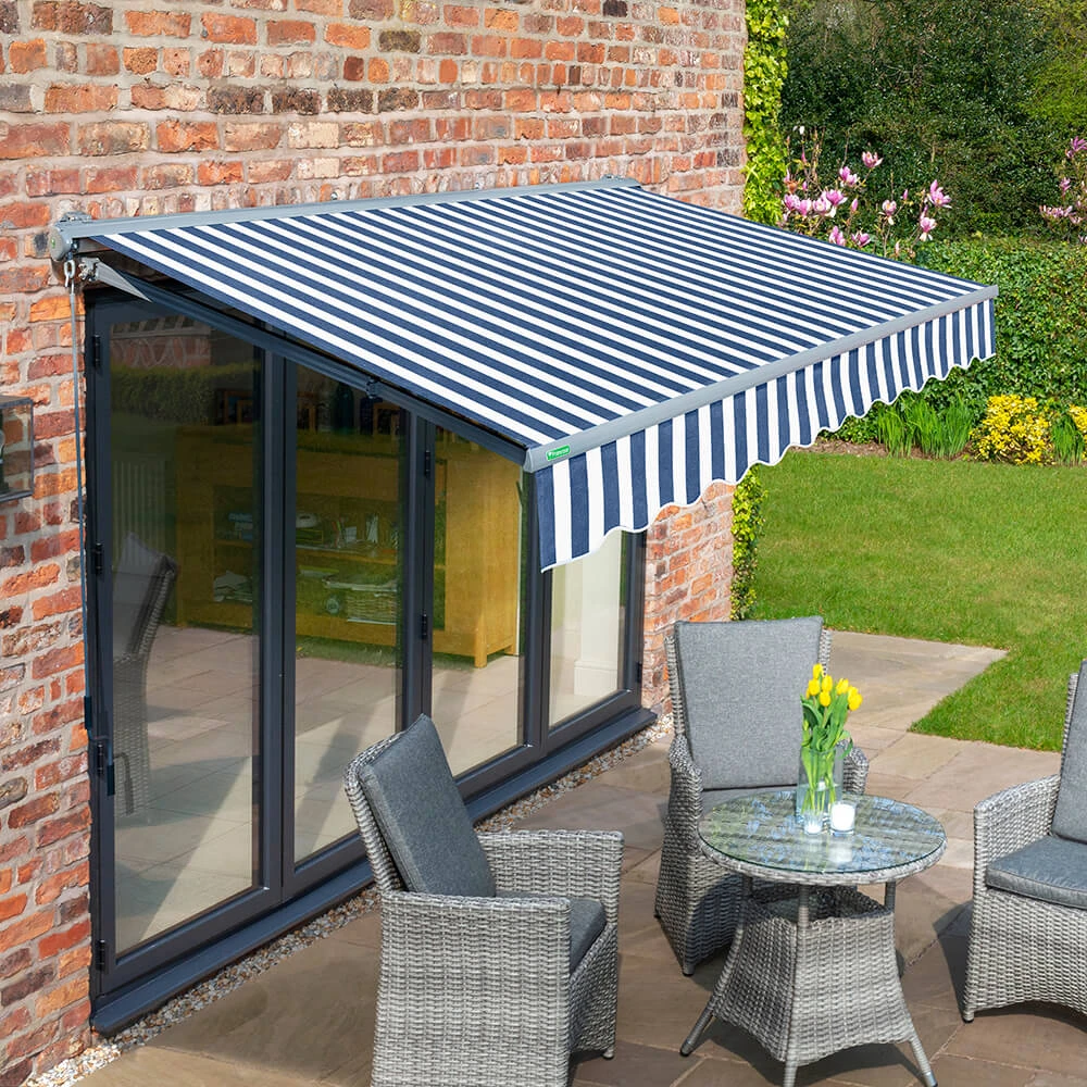 3m Half Cassette Electric Blue And White Awning (Charcoal Cassette) 3 3m Half Cassette Electric Blue And White Awning (Charcoal Cassette)