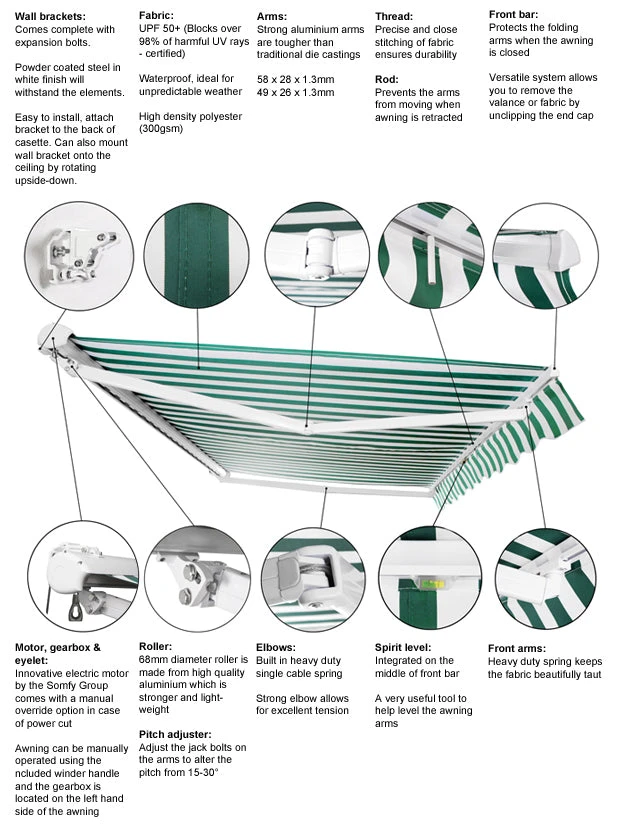 2.0m Half Cassette Electric Awning, Green And White 5 2.0m Half Cassette Electric Awning, Green And White - Image 3