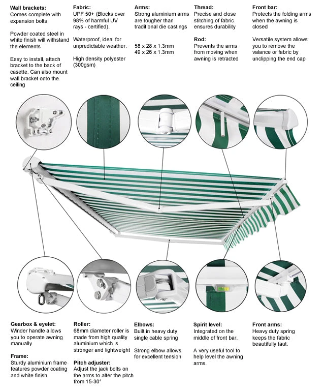 2.0m Half Cassette Manual Awning, Green Stripe Acrylic 5 2.0m Half Cassette Manual Awning, Green Stripe Acrylic - Image 3
